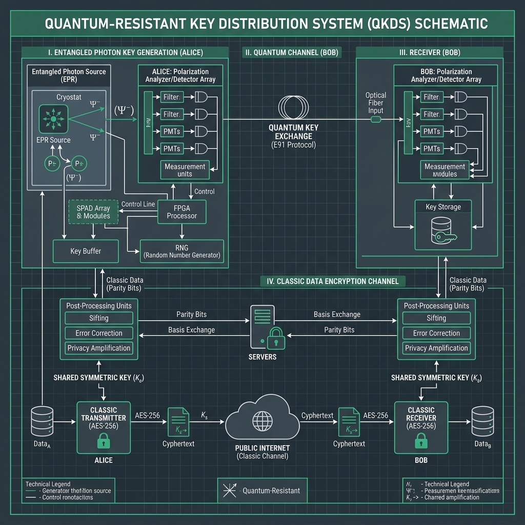 Quantum key distribution and classical hybrid encryption flowchart