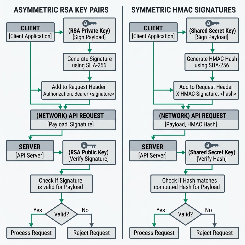 Symmetric HMAC vs Asymmetric RSA Key Signature comparison flowchart