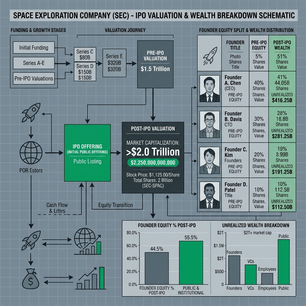 SpaceX company valuation and founder equity division chart