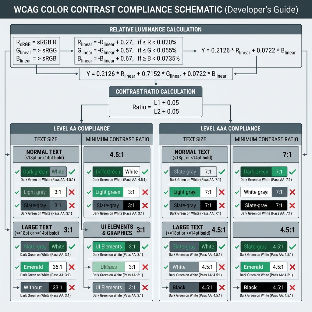 WCAG contrast ratio checking math and thresholds diagram